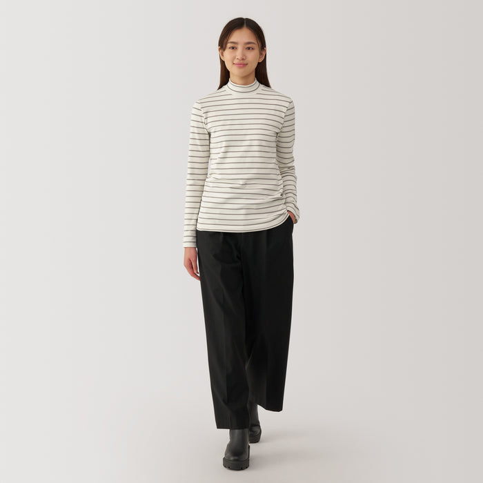 Muji Brushed Ribbed High Neck Long Sleeve Striped Donna Magliette Bianche | RJ3X3R64J
