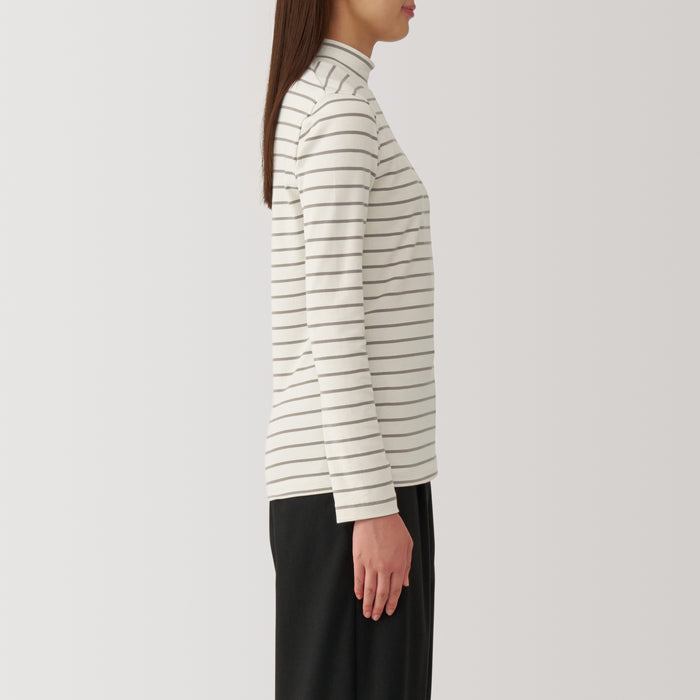 Muji Brushed Ribbed High Neck Long Sleeve Striped Donna Magliette Bianche | RJ3X3R64J