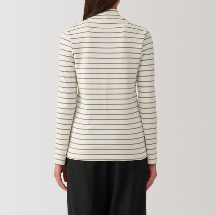 Muji Brushed Ribbed High Neck Long Sleeve Striped Donna Magliette Bianche | RJ3X3R64J