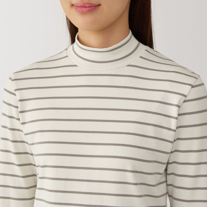 Muji Brushed Ribbed High Neck Long Sleeve Striped Donna Magliette Bianche | RJ3X3R64J