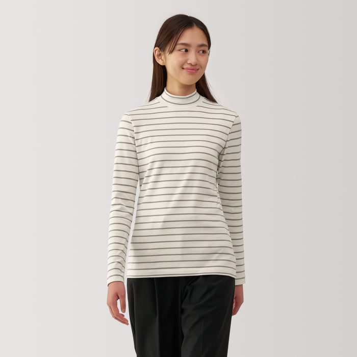 Muji Brushed Ribbed High Neck Long Sleeve Striped Donna Magliette Bianche | RJ3X3R64J